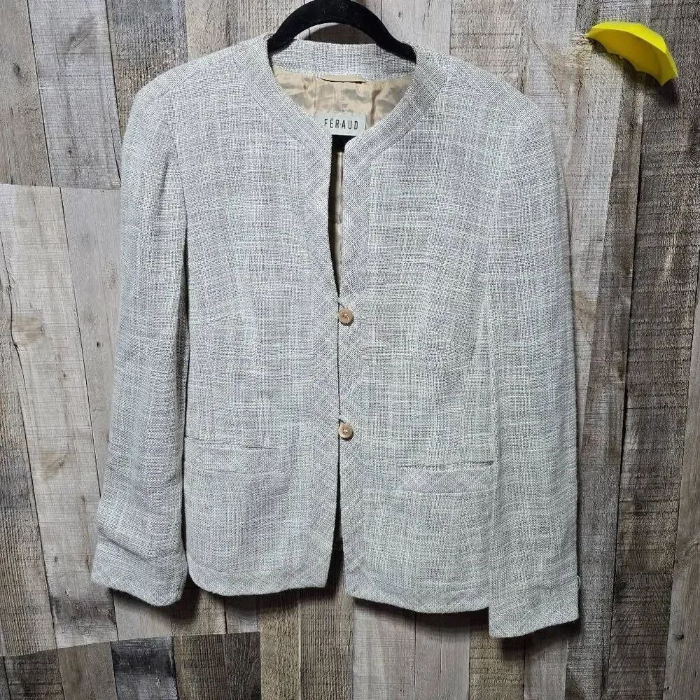 LOUIS FERAUD Woven Tweed Blazer Jacket Natural Beige EUC Size US 10 Designer
